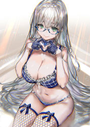 Rule 34 | 1girl, braid, breasts, choker, fishnets, frills, from above, glasses, gloves, green eyes, hair between eyes, heart, heart hands, highres, large breasts, long hair, looking at viewer, navel, original, pale skin, ran&#039;ou (tamago no kimi), semi-rimless eyewear, silver hair, sitting, smile, solo, thighhighs