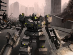 Rule 34 | armored core, building, city, fire, from software, gun, m1 bazooka, mecha, robot, rocket launcher, ruins, smoke, weapon