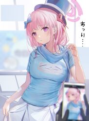 Rule 34 | 1girl, 1other, aka (440626), black headwear, blue archive, blue shirt, blurry, blurry foreground, breasts, cellphone, eimi (blue archive), halo, hat, highres, large breasts, long braid, long hair, open mouth, phone, pink eyes, pink hair, pink halo, shirt, short sleeves, skirt, smartphone, solo focus, top hat, translated, white skirt