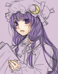 Rule 34 | 1girl, :o, blush, book, crescent, female focus, hat, holding, holding book, long hair, looking at viewer, mob cap, open book, open mouth, patchouli knowledge, purple eyes, purple hair, reading, shiratama (mofutto), sidelocks, sketch, solo, touhou, upper body, very long hair