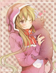 Rule 34 | 1girl, blush, cat, green hair, heart, hood, hoodie, kagerou project, kido tsubomi, long hair, march-bunny, one eye closed, smile, solo