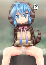 Rule 34 | 10s, 1girl, ?, blue eyes, blue hair, blush, clueless, convenient censoring, flower, hands in pockets, hood, hoodie, kemono friends, long sleeves, looking at viewer, matching hair/eyes, md5 mismatch, no panties, partially visible vulva, plant, ribbon, short hair, sitting, snake tail, solo, spread legs, striped clothes, striped hoodie, striped tail, tail, tsuchinoko (kemono friends)
