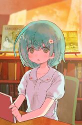 Rule 34 | 1girl, :o, backlighting, book, bookshelf, brown eyes, chair, collared shirt, dusk, floral print, flower, green hair, hair flower, hair ornament, holding, holding book, indoors, looking at viewer, magia record: mahou shoujo madoka magica gaiden, mahou shoujo madoka magica, natsume kako, open mouth, puffy short sleeves, puffy sleeves, second-party source, shirt, short hair, short sleeves, sitting, solo, table, upper body, white flower, white shirt, yorunogumo