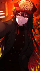 Rule 34 | 1girl, belt, belt buckle, black belt, black hair, black jacket, blurry, blurry background, brown pants, brown shirt, buckle, commentary request, crest, depth of field, family crest, fate/grand order, fate (series), hair between eyes, hand in pocket, hat, highres, jacket, koha-ace, long hair, long sleeves, looking at viewer, oda nobunaga (fate), oda nobunaga (koha-ace), oda uri, official alternate costume, open clothes, open jacket, outstretched arm, pants, parted lips, peaked cap, red eyes, red hat, sakura tsubame, shirt, signature, solo, v-shaped eyebrows, very long hair