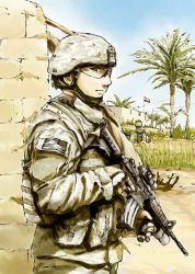Rule 34 | 1boy, assault rifle, flag, gun, helmet, iraq, male focus, military, rifle, soldier, solo, sumisi, weapon