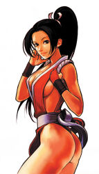 Rule 34 | 1girl, ass, black eyes, black hair, breasts, cleavage, fatal fury, hiroaki (kof), jpeg artifacts, large breasts, long hair, official art, pelvic curtain, ponytail, shiranui mai, sideboob, snk, solo, the king of fighters