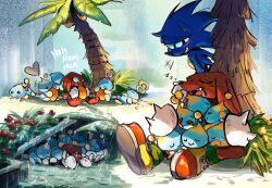 Rule 34 | 2boys, against tree, aged down, animal ears, animal nose, chao (sonic), closed eyes, commentary, drooling, eating, english commentary, food, fruit, furry, furry male, gloves, grin, heart, highres, holding, holding food, holding fruit, knuckles the echidna, looking at another, male focus, multiple boys, open mouth, outdoors, palm tree, plant, rain, rat riot, red footwear, saliva, shoes, sitting, sleeping, smile, sonic (series), sonic the hedgehog, tree, white gloves