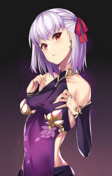 Rule 34 | 1girl, absurdres, bare shoulders, blush, breasts, closed mouth, covered navel, detached sleeves, dress, earrings, fate/grand order, fate (series), floral print, gradient background, hair ribbon, halterneck, hands on own chest, highres, jewelry, kama (fate), kama (first ascension) (fate), looking at viewer, purple dress, red eyes, ribbon, ring, short hair, silver hair, small breasts, solo, takanashi-a