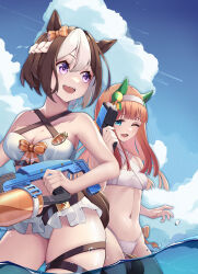 Rule 34 | 2girls, ;d, absurdres, alternate costume, animal ears, bikini, blue eyes, blue sky, blush, bow, breasts, carrot, cleavage, cloud, cloudy sky, collarbone, commentary, criss-cross halter, ear covers, hair bow, hair ornament, hairband, halterneck, headband, highres, hime cut, holding, holding water gun, horse ears, horse girl, horse tail, large breasts, long hair, looking at viewer, looking to the side, medium breasts, medium hair, multicolored hair, multiple girls, nanare qilin, navel, ocean, one eye closed, open mouth, orange bow, outdoors, plaid, plaid bow, purple eyes, short hair, silence suzuka (umamusume), sky, small breasts, smile, special week (umamusume), streaked hair, swimsuit, tail, teeth, thigh strap, thighs, two-tone hair, umamusume, upper teeth only, wading, water, water drop, water gun, wet, white bikini