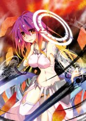 Rule 34 | 1girl, black gloves, breasts, commentary request, spiked halo, covered erect nipples, crop top, earth0, evil smile, gloves, gradient eyes, gradient hair, halo, highres, jibril (no game no life), large breasts, long hair, low wings, magic, magic circle, midriff, multicolored eyes, multicolored hair, navel, no game no life, open mouth, orange eyes, pink hair, single thighhigh, smile, solo, tattoo, thighhighs, very long hair, wing ears, wings, yellow eyes