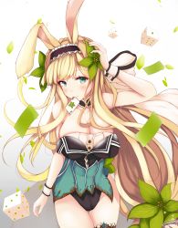 Rule 34 | 1girl, animal ears, arm up, bare shoulders, black hairband, blonde hair, blue eyes, breasts, rabbit ears, bupleurum (flower knight girl), card, closed mouth, dice, flower, flower knight girl, hair flower, hair ornament, hairband, highres, large breasts, leotard, long hair, mouth hold, standing, suzume (simple0091), thighhighs, wrist cuffs