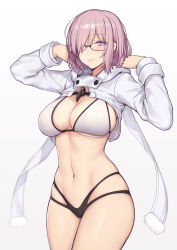 Rule 34 | 1girl, arms up, bikini, blush, breasts, cleavage, closed mouth, cropped jacket, evan yang, fate/grand order, fate (series), glasses, hair over one eye, highres, hip focus, jacket, light purple hair, looking at viewer, mash kyrielight, navel, purple eyes, short hair, shrug (clothing), simple background, smile, solo, swimsuit, thighs, white background, white bikini, white jacket