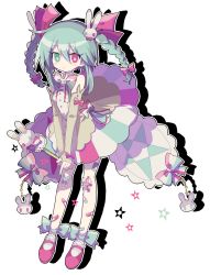 Rule 34 | 1girl, bandaid, bandaid on leg, bow, braid, bright pupils, choker, closed mouth, elbow gloves, fingerless gloves, full body, gloves, green eyes, green hair, green ribbon, hair between eyes, hair ornament, hair ribbon, heterochromia, holding, holding wand, mary janes, multicolored clothes, multicolored skirt, neck ribbon, no nose, original, pink bow, pink eyes, pink footwear, pink ribbon, rabbit hair ornament, ribbon, shoes, simple background, skirt, smile, solo, star (symbol), transparent background, treccia pechemint, twin braids, usagi nui, wand, white choker, white pupils, yellow gloves