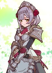 Rule 34 | 1girl, absurdres, apron, armor, ascot, blunt bangs, braid, braided bangs, brown eyes, closed mouth, flower, gauntlets, genshin impact, grey hair, hair flower, hair ornament, hand on hand, highres, looking at viewer, maid, nicolanicconico, noelle (genshin impact), red ascot, red flower, red rose, rose, short hair, shoulder armor, smile, solo
