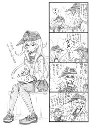 Rule 34 | !, 10s, 2girls, 4koma, ^^^, akatsuki (kancolle), arm up, bbb (friskuser), bento, closed eyes, comic, graphite (medium), greyscale, hair between eyes, hibiki (kancolle), highres, kantai collection, loafers, long hair, monochrome, multiple girls, neckerchief, open mouth, own hands together, revision, school uniform, serafuku, shoes, sitting, spoken exclamation mark, surprised, thighhighs, traditional media, translated, turning head