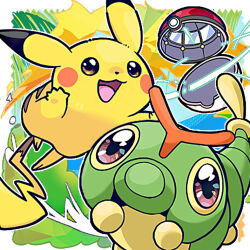 border brown_eyes caterpie creatures_(company) full_body game_freak gen_1_pokemon imomushi_(pixiv_9001433) nintendo no_humans open_mouth pikachu poke_ball poke_ball_(basic) pokemon pokemon_(creature) string white_border