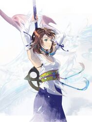 Rule 34 | 1girl, arms behind head, beads, black bra, blue eyes, blue skirt, bra, breasts, brown hair, cofffee, cowboy shot, detached sleeves, fighting stance, final fantasy, final fantasy x, green eyes, hair beads, hair ornament, heterochromia, holding, holding staff, japanese clothes, long skirt, long sleeves, looking to the side, medium breasts, medium hair, nontraditional miko, obi, pleated skirt, sash, shirt, skirt, sleeveless, sleeveless shirt, solo, staff, swept bangs, underwear, white shirt, white sleeves, wide sleeves, yuna (ff10)