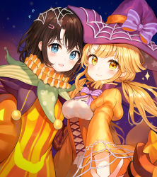 Rule 34 | 2girls, absurdres, alternate hairstyle, bad id, bad pixiv id, bang dream!, black hair, blonde hair, blue eyes, blush, bow, bowtie, cross-laced clothes, flying sweatdrops, hair ornament, hairclip, halloween costume, hat, hat bow, highres, jester, long hair, long sleeves, looking at viewer, multiple girls, neck ruff, okusawa misaki, orange theme, outstretched arm, purple bow, purple hat, purple neckwear, short hair, silk, smile, sparkle, spider web, star (sky), striped bow, striped bowtie, striped clothes, striped neckwear, tokkyu, tsurumaki kokoro, twintails, v-shaped eyebrows, witch hat, yellow eyes