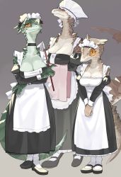 Rule 34 | 3girls, absurdres, apron, black dress, black footwear, breasts, cleavage, closed mouth, dress, highres, juliet sleeves, kame (3t), lizard tail, long sleeves, maid, maid headdress, multiple girls, orange eyes, original, own hands together, puffy sleeves, reptile girl, scales, slit pupils, smile, standing, tail, white apron, white legwear