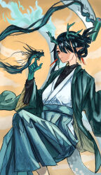 Rule 34 | 1girl, alternate costume, alternate hairstyle, arknights, black hair, black shirt, closed mouth, colored skin, commentary request, dangle earrings, dragon, dragon girl, dragon horns, dragon tail, dusk (arknights), earrings, eastern dragon, feet out of frame, flame-tipped tail, folded ponytail, green hakama, green skin, hair over one eye, hakama, hakama pants, haori, highres, hip vent, horns, index finger raised, japanese clothes, jewelry, kimono, knee up, long hair, long tail, looking at animal, multicolored skin, one eye covered, pants, pointy ears, rakugaki shiho, red eyes, scroll, shirt, solo, tail, white kimono, wide sleeves, yellow background