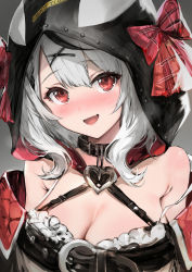 Rule 34 | 1girl, animal hood, bare shoulders, black dress, blush, bow, breasts, cleavage, collar, dress, fang, frills, haoni, highres, hololive, holox, hood, hood up, large breasts, looking at viewer, open mouth, orca hood, red bow, red eyes, revision, sakamata chloe, sakamata chloe (1st costume), short hair, smile, solo, virtual youtuber, white hair
