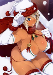 Rule 34 | 1girl, 23 (real xxiii), absurdres, bikini, blonde hair, blue eyes, blush, breasts, chimney, cleavage, covered erect nipples, dark-skinned female, dark skin, elbow gloves, gloves, hat, highres, holding, holding clothes, holding hat, large breasts, lips, navel, original, pom pom (clothes), runny nose, sack, scan, sela (23), shiny skin, short hair, side-tie bikini bottom, sitting, snot, solo, string bikini, swimsuit, tears, thigh gap, thighhighs, white bikini, white gloves, white thighhighs