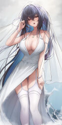 Rule 34 | 1girl, :o, absurdres, azur lane, bare shoulders, black hair, bracelet, breasts, cleavage, cocktail dress, colored inner hair, dress, earrings, feet out of frame, garter straps, hair ornament, halterneck, hand up, highres, jewelry, large breasts, long dress, long hair, looking at viewer, multicolored hair, necklace, no bra, nootak, official alternate costume, open mouth, panties, panty peek, red eyes, side slit, sleeveless, sleeveless dress, solo, spaghetti strap, standing, taihou (azur lane), taihou (temptation on the sea breeze) (azur lane), thighhighs, thighs, underwear, veil, very long hair, white dress, white thighhighs, wristband