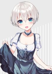 Rule 34 | 1girl, blue eyes, blush, breasts, choker, clothes lift, commentary request, dress, dress lift, german clothes, hat, hikobae, kantai collection, long hair, looking at viewer, open mouth, short hair, short sleeves, silver hair, simple background, smile, solo, traditional clothes, z1 leberecht maass (kancolle)