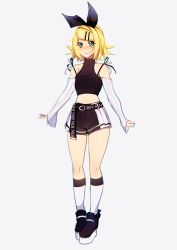 Rule 34 | 1girl, absurdres, black bow, black shirt, black shorts, blonde hair, blush, bow, commentary, crop top, detached sleeves, ei flow, english commentary, full body, green eyes, grin, hair bow, hair ornament, hairclip, highres, kagamine rin, kneehighs, looking at viewer, midriff, shirt, shoes, short hair, shorts, sleeveless, sleeveless shirt, smile, socks, solo, standing, striped sleeves, swept bangs, turtleneck, vocaloid, white background, white sleeves