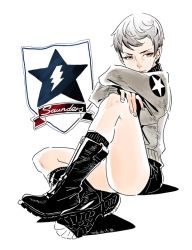 Rule 34 | 10s, 1girl, 2016, bad id, bad twitter id, bomber jacket, boots, brown eyes, callan (callancoe), dated, emblem, freckles, girls und panzer, grey hair, jacket, naomi (girls und panzer), short hair, sitting, sketch, solo, thighs, very short hair, white background