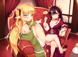 Rule 34 | 2girls, :t, absurdres, bare legs, bare shoulders, barefoot, black hair, black nails, black sclera, blonde hair, blue eyes, blush, breasts, cake, choker, christina (tanaka the wizard), colored sclera, couch, dress, eating, edita (tanaka the wizard), elf, fang, fang out, feet, fingernails, food, frills, hair between eyes, hair over breasts, hair ribbon, headgear, highres, indoors, crossed legs, long hair, looking at viewer, m-da s-tarou, multiple girls, nail polish, navel, pointing, pointy ears, pout, reclining, red dress, ribbon, scan, sharp fingernails, sharp toenails, short dress, sidelocks, sitting, sleeves past wrists, slit pupils, small breasts, tail, tanaka the wizard, toenail polish, toenails, toes, two side up, wide sleeves, yellow eyes