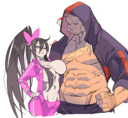 Rule 34 | 1boy, 1girl, abs, black hair, breasts, dark skin, hair censor, hood, huge breasts, jacket, lips, long hair, muscular, one eye closed, open clothes, open jacket, original, pale skin, parted lips, ponytail, scar, scar on chest, scar on face, sideburns, simple background, track jacket, white background, wink, yeeeebis