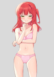 Rule 34 | 1girl, absurdres, ao (flowerclasse), blush, bocchi the rock!, bow, bow panties, bra, closed mouth, commentary request, cowboy shot, green eyes, grey background, highres, kita ikuyo, long hair, navel, one side up, panties, pink bra, pink panties, red hair, simple background, smile, solo, underwear, underwear only