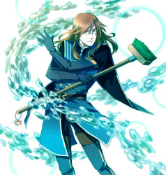 Rule 34 | 00s, 1boy, belt, blue thighhighs, brown hair, glasses, gloves, highres, jade curtiss, jarako (gaillardia), long hair, male focus, mop, pants, red eyes, smile, solo, tales of (series), tales of the abyss, thighhighs, water, white background