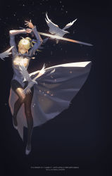 Rule 34 | 1girl, absurdres, ahoge, artist name, artoria pendragon (fate), bird, black background, black legwear, black soldier, blonde hair, blue dress, blue jacket, breasts, character name, closed mouth, copyright name, dove, dress, excalibur (fate/stay night), closed eyes, fate/stay night, fate (series), full body, hands up, highres, holding, holding sword, holding weapon, jacket, leotard, long sleeves, medium breasts, saber (fate), shoes, simple background, solo, sword, weapon, white footwear