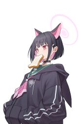 Rule 34 | 1girl, absurdres, ama doooo, animal ears, black collar, black hair, blue archive, blunt bangs, bob cut, bread slice, collar, colored inner hair, food, food in mouth, green sailor collar, halo, hands in pockets, highres, hood, hood down, hooded jacket, jacket, kazusa (blue archive), long sleeves, looking ahead, mouth hold, multicolored hair, neckerchief, pink eyes, pink hair, pink neckerchief, sailor collar, short hair, simple background, solo, toast, toast in mouth, two-tone hair, upper body, white background