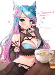 Rule 34 | 1girl, animal ear fluff, animal ears, black choker, black gloves, black skirt, blue eyes, blue hair, breasts, character name, choker, cleavage, commission, eating, elbow gloves, fingerless gloves, food, gloves, gradient hair, head tilt, in mouth, kudou (sikisiki0000), large breasts, looking at viewer, midriff, multicolored hair, nail polish, navel, noodles, pink hair, silvervale, silvervale (4th costume), skeb commission, skirt, solo, speech bubble, udon, virtual youtuber, vshojo, white background, wolf ears