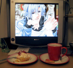 Rule 34 | 1boy, 2d dating, blue hair, cookie, food, fujoshi, lonely, love drops, male focus, photo (medium), solo, tea