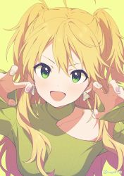 Rule 34 | 1girl, :d, absurdres, agata (agatha), ahoge, bad id, bad twitter id, blonde hair, close-up, collarbone, commentary request, earrings, green eyes, highres, hoshii miki, idolmaster, idolmaster (classic), jewelry, long hair, looking at viewer, multicolored nails, nail art, nail polish, open mouth, sleeves past wrists, smile, solo, two side up, upper body, yellow background