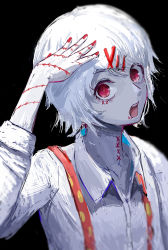 Rule 34 | 1boy, :d, androgynous, black background, collared shirt, grey shirt, hair ornament, hairclip, highres, looking at viewer, male focus, nail polish, open mouth, red eyes, red nails, shirt, short hair, simple background, smile, solo, stitches, suspenders, suzuya juuzou, teeth, tokyo ghoul, ttssfy (shirato ra), upper teeth only, x hair ornament