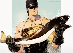 Rule 34 | 1boy, animal, apron, artist name, bara, black apron, black gloves, black hair, closed mouth, fish, gloves, hat, henkyo garden, holding, holding animal, holding fish, large pectorals, male focus, muscular, muscular male, original, pectorals, short hair, simple background, solo, upper body