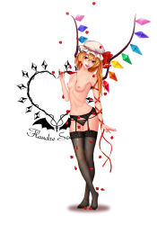 Rule 34 | 1girl, absurdres, arm ribbon, blonde hair, breasts, character name, crossed legs, cup, drinking glass, fangs, fingernails, flandre scarlet, full body, garter belt, garter straps, hat, head tilt, highres, lingerie, long fingernails, looking at viewer, mob cap, nail polish, nipples, open mouth, panties, petals, red eyes, ribbon, shoes, short hair, side ponytail, simple background, small breasts, smile, solo, spilling, standing, thighhighs, topless, touhou, underwear, underwear only, white background, wine glass, ytoy