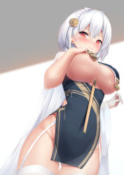 Rule 34 | 1girl, azur lane, blush, braid, breast curtains, breasts, china dress, chinese clothes, clothes lift, cowboy shot, crown braid, dress, garter straps, gluteal fold, groin, hair between eyes, hair ornament, highres, large breasts, looking at viewer, no panties, pelvic curtain, red eyes, revealing clothes, short hair, sirius (azur lane), sirius (azure horizons) (azur lane), solo, tatsumiya kagari, thighhighs, thighs, white hair, white thighhighs