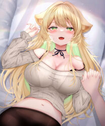 Rule 34 | 1boy, 1girl, absurdres, animal ears, black bra, black choker, black pantyhose, blonde hair, blush, borrowed character, bra, bra peek, bra visible through clothes, breasts, brown sweater, choker, collarbone, commentary, commission, green eyes, heart, heart-shaped pupils, highres, holding hands, large breasts, long hair, looking at viewer, lying, midriff, navel, off-shoulder sweater, off shoulder, on back, on bed, open mouth, original, out of frame, pantyhose, pov, ribbon choker, skeb commission, smile, solo focus, strap slip, sweater, symbol-shaped pupils, teeth, underwear, upper teeth only, yu lei
