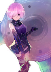 Rule 34 | 1girl, absurdres, armor, armored dress, black gloves, breasts, closed mouth, elbow gloves, fate/grand order, fate (series), gloves, hair over one eye, highres, holding, holding shield, light smile, looking at viewer, mash kyrielight, medium breasts, over-kneehighs, purple eyes, purple hair, shield, short hair, simple background, solo, standing, tarbo (exxxpiation), tareme, thigh strap, thighhighs, white background