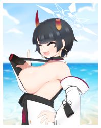Rule 34 | 1girl, absurdres, bare shoulders, beach, black hair, blue archive, blunt bangs, blurry, blurry background, breasts, bridal gauntlets, broken horn, closed eyes, clothes pull, detached sleeves, earrings, folded fan, folding fan, from side, halo, hand fan, hand on own hip, highres, holding, holding fan, hoop earrings, horns, japanese clothes, jewelry, kimono, kulettula, large breasts, light blush, mole, mole under eye, niya (blue archive), ocean, open mouth, outdoors, short hair, sideboob, sidelocks, single bridal gauntlet, sky, sleeveless, sleeveless kimono, smile, solo, thick eyelashes, upper body, water, white kimono