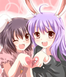 Rule 34 | 2girls, animal ears, bad id, bad pixiv id, black hair, brown eyes, rabbit ears, carrot, carrot necklace, choco (naruchan), female focus, happy, heart, heart hands, heart hands duo, inaba tewi, jewelry, long hair, mitsu yomogi, multiple girls, necklace, one eye closed, open mouth, purple hair, reisen udongein inaba, short hair, smile, touhou, wink, yuri