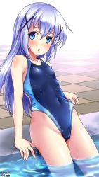 Rule 34 | 1girl, adjusting clothes, adjusting swimsuit, afloat, aqua one-piece swimsuit, artist name, blue eyes, blue one-piece swimsuit, blush, breasts, checkered floor, chestnut mouth, collarbone, competition swimsuit, covered navel, dated, gochuumon wa usagi desu ka?, hair between eyes, highleg, highleg swimsuit, highres, kafuu chino, long hair, looking at viewer, one-piece swimsuit, outdoors, partially submerged, pool, skindentation, small breasts, solo, swimsuit, tsuchimiya, wading, water, wet, wet clothes, wet swimsuit, white hair
