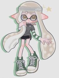 Rule 34 | 1girl, black shorts, brown eyes, brown hair, commentary request, cross-laced footwear, full body, green footwear, grey hairband, grey shirt, hairband, highres, inkling, inkling girl, inkling player character, long hair, mina p, nintendo, pointy ears, pout, shirt, shoes, short shorts, shorts, simple background, solo, splatoon (series), standing, star (symbol), tentacle hair, white background