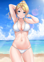Rule 34 | 1girl, absurdres, armpits, arms up, ayase eli, beach, bikini, blonde hair, blue eyes, blue sky, breasts, cleavage, cloud, collarbone, contrapposto, cowboy shot, day, hair ribbon, halterneck, highres, horizon, large breasts, lens flare, long hair, looking at viewer, love live!, love live! school idol project, navel, ocean, outdoors, ponytail, rama (yu-light8), ribbon, scrunchie, skindentation, sky, smile, solo, standing, string bikini, swimsuit, white bikini, white scrunchie